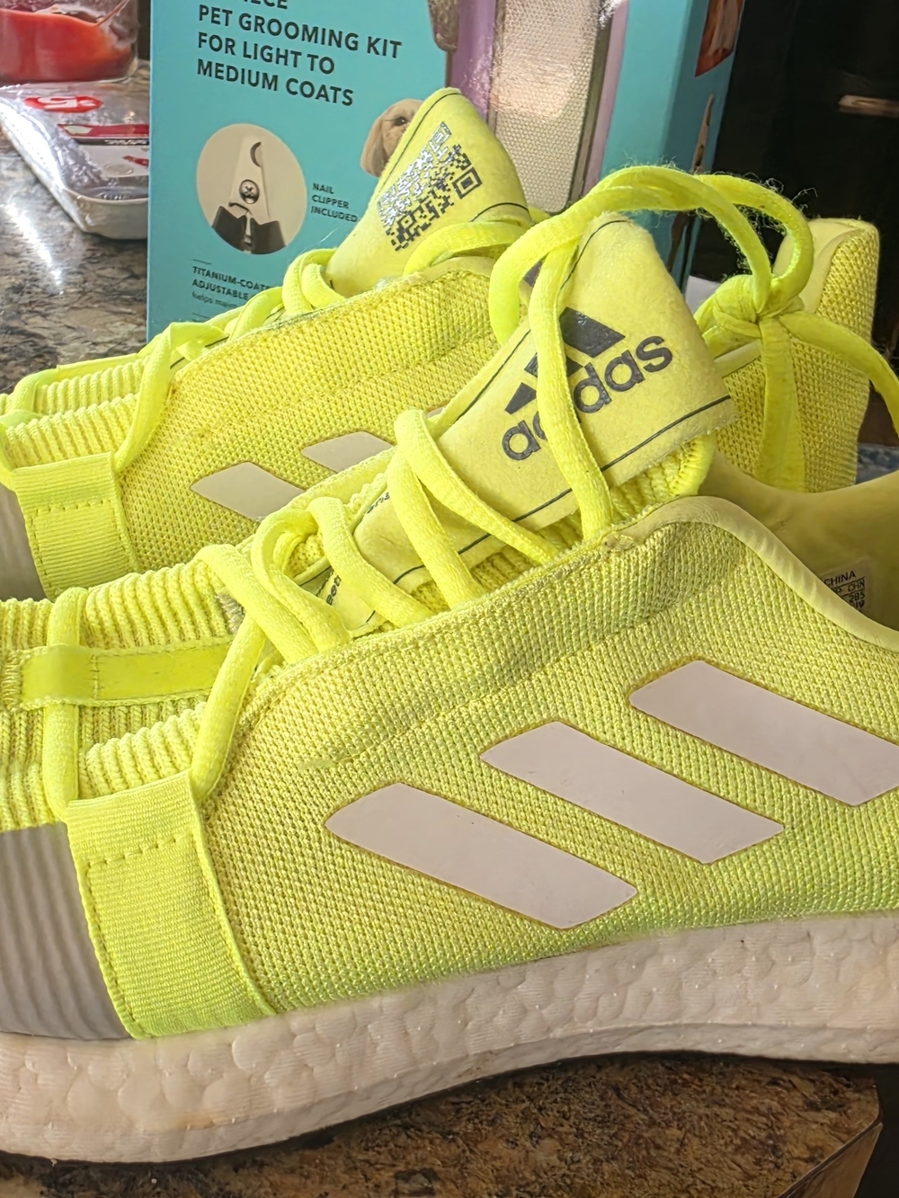 adidas Mens Neon Yellow Athletic Shoes with White Stripes